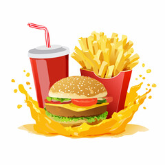 Fast food vector advertisement &mdash; cheeseburger, fries, soda &mdash; arranged dynamically
