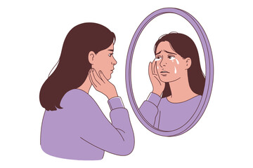 A young woman cries while looking at her reflection in a mirror.