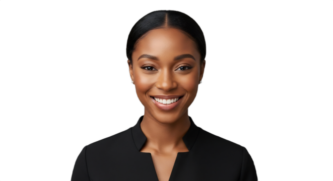 Smiling Black woman, 24-28, cosmetics counter employee in a professional black uniform, selling festive makeup looks. Ideal for holiday beauty promotions, retail advertisements, career guides,