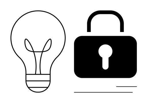 Lightbulb and padlock representing innovative ideas and data protection. Ideal for technology, security, innovation, intellectual property, privacy, brainstorming, cybersecurity. Clean and simple
