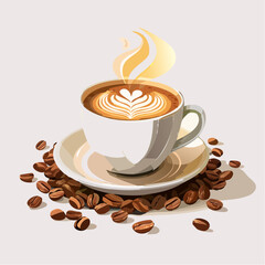 latte art cup, roasted beans, steam swirl effect, warm lightin
