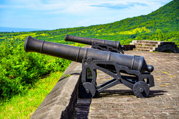 Cannon battery in the citadel of the Brimstone Hill Fortress UNESCO World Heritage Site in St. Kitts in the Caribbean
