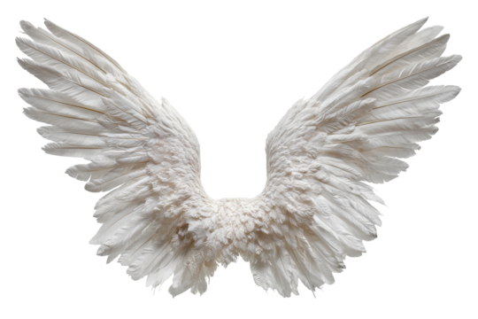 White feathered angel wings isolated on transparent background. Majestic white angel wings spread wide isolated on white background. - Powered by Adobe