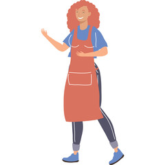 A Smiling Woman Wearing an Orange Apron and Blue Shirt with Dark Pants and Blue Shoes She Stands with One Hand Raised in a Welcoming Gesture Against a White Background