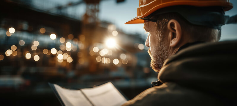 Construction worker reviewing plans at a job site during sunset