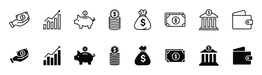 Money management icon set. Money bag and cash icon set. Finance, banking, and investment line icons. © Oliver Vandenberg