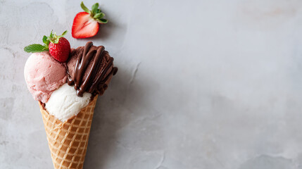 vanilla. Colorful ice cream in a waffle cone, a tempting and delightful dessert display. menu design, packaging mockups, designed for food delivery and cloud-kitchen brand materials.