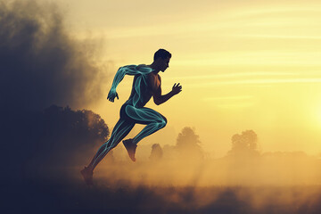 Fototapeta premium Dynamic silhouette of an athletic man running at sunset, overlaid with glowing digital anatomical lines representing strength and peak performance.