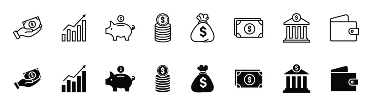 Money management icon set. Money bag and cash icon set. Finance, banking, and investment line icons.