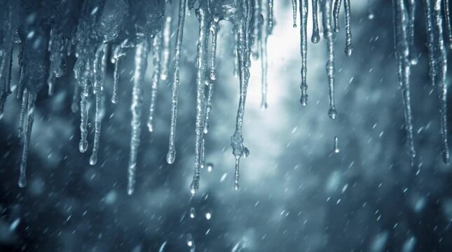 Close-up of icicles dripping in the soft, diffused light of winter with a blurry, snowy background