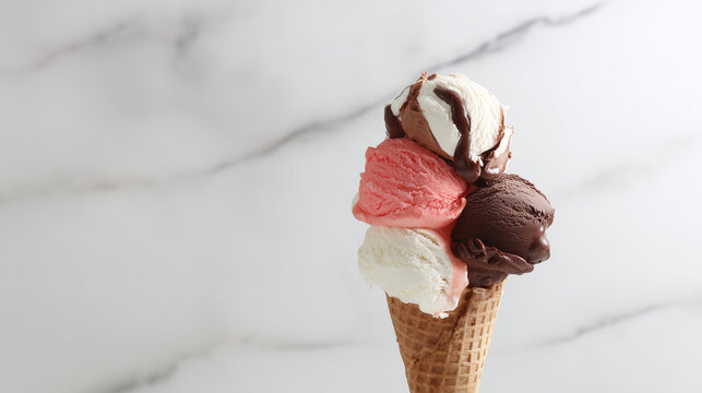 vanilla. Colorful ice cream in a waffle cone, a tempting and delightful dessert display. menu design, packaging mockups, designed for food delivery and cloud-kitchen brand materials.
