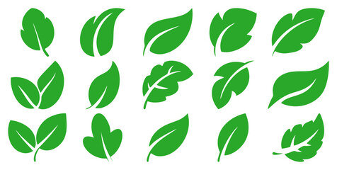 Naklejka premium Green leaves icon set isolated on a white background. Vector illustration representing vegan, tree, plant, fresh, energy and healthy nutrition concept, ideal for eco-friendly designs.