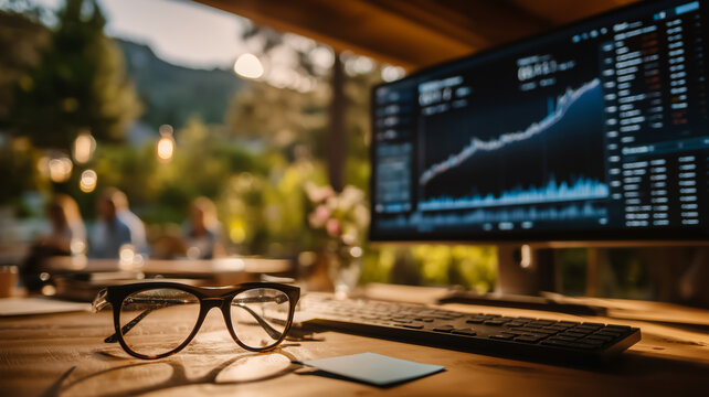 Desk setup with glasses and computer displaying market data