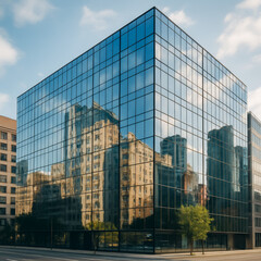 Modern glass building reflecting urban skyline in daylight