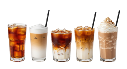 Five iced tea drinks in clear glasses with ice, condensation, foam, whipped cream, straws, on a white studio backdrop. Beverage advertising concept