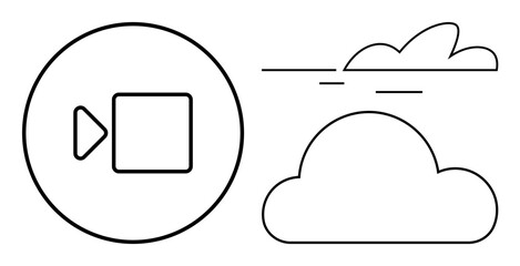 Cloud icon and video camera graphic in simple line style, emphasizing tech, communication, and storage. Ideal for digital services, cloud computing, virtual meetings, media sharing, online