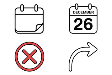 Four distinct icons for calendar, date, cancel, and right arrow actions.