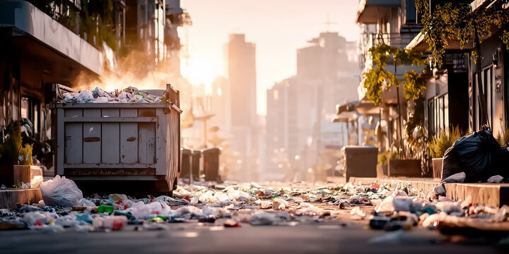 Urban street littered with garbage and dumpster at sunset