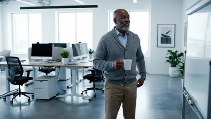 Man walking with coffee in office. Business executive moves through bright workspace. Professional pauses holding mug during casual meeting. Strategy and leadership presence implied in calm posture. - Powered by Adobe