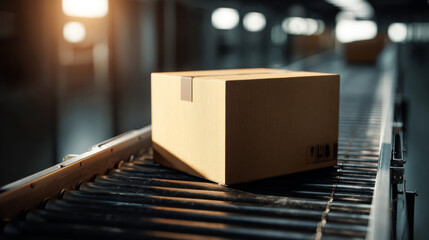 A cardboard box on a conveyor belt in an industrial setting, with warm lighting and blurred background