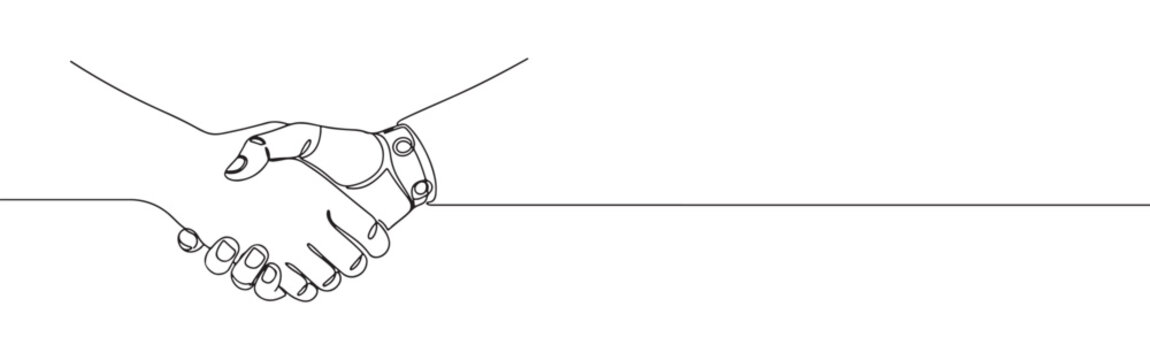Continuous one line drawing of a human hand shaking a robot hand. Concept of artificial intelligence, technology and future partnership