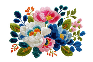 Vibrant embroidered floral bouquet isolated on transparent background. Vibrant textured floral arrangement with rich colors and lush petals delicate beauty isolated on white background.