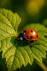 Naklejka premium Close-up of a ladybug resting on a green leaf