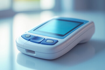 Closeup of digital glucometer displaying blood sugar results. Accurate diabetes testing, daily glucose control, and advanced healthcare monitoring device concept. Diabetes awareness and prevention.