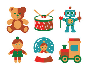 Obraz premium A collection of six classic children's toys arranged in two rows.
