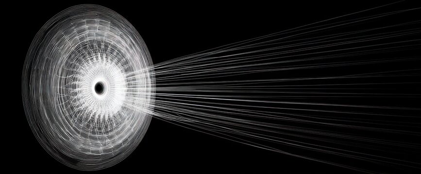 Abstract light trails form a spinning disc emitting linear beams against black.