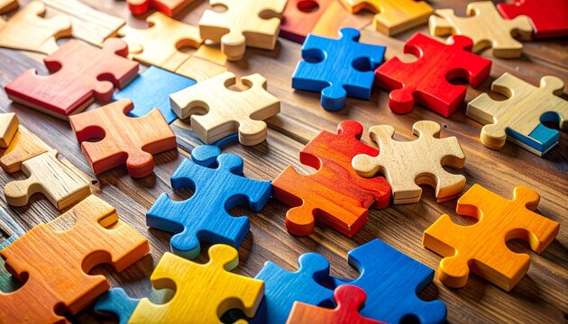 Colorful wooden jigsaw puzzle on rustic wood surface.