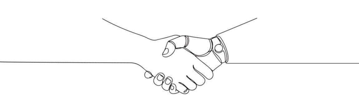 Continuous one line drawing of a human hand shaking a robot hand. Concept of artificial intelligence, technology and future partnership