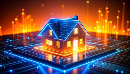 Neon house atop microchip with glowing digital circuitry.