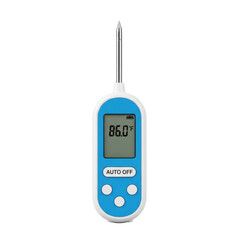 A vibrant bright blue modern digital food thermometer, white details, gleaming extended stainless steel probe, LCD '86.0 °F', isolated on transparent, concept of kitchen precision.