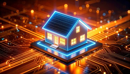 Neon house atop microchip with glowing digital circuitry.