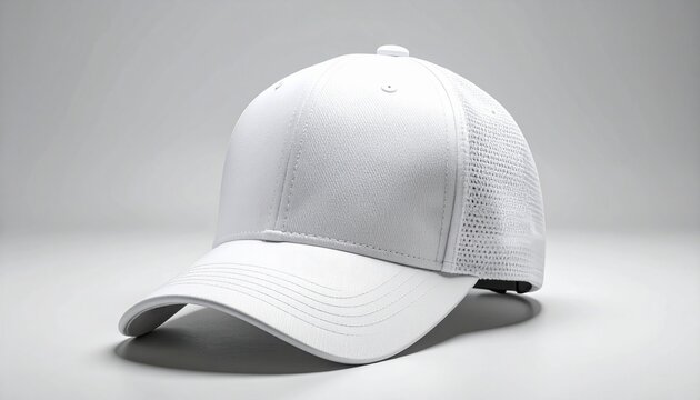 White-front trucker cap with gray mesh back on smooth surface.