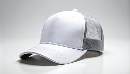 White-front trucker cap with gray mesh back on smooth surface.