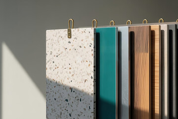 Comprehensive selection of interior design material samples (terrazzo, wood, and solid colors) displayed in a sunlit showroom for architects and designers.