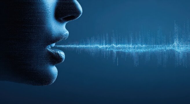 Profile of mouth emitting digital blue sound wave particles against dark background.