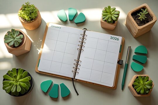 Organized desk setup with open 2026 planner, green succulents, and modern stationery, symbolizing fresh starts and planning for success.