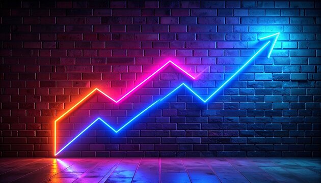 Segmented neon arrow pointing upward on dark brick wall.