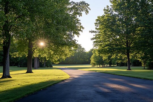Sunlight bursting through lush green trees along a winding asphalt road in a peaceful park