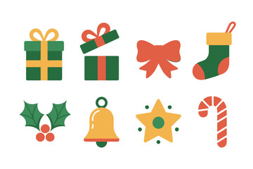 A collection of Christmas themed icons including gifts, a bow, stocking, holly, bell, star, and candy cane.