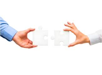 Two hands connecting puzzle pieces isolated on transparent background