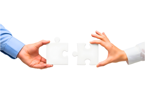 Two hands connecting puzzle pieces isolated on transparent background