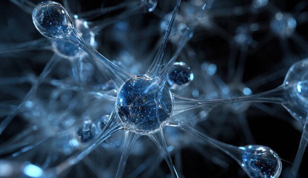 Abstract glowing blue microscopic neural network structure against black background
