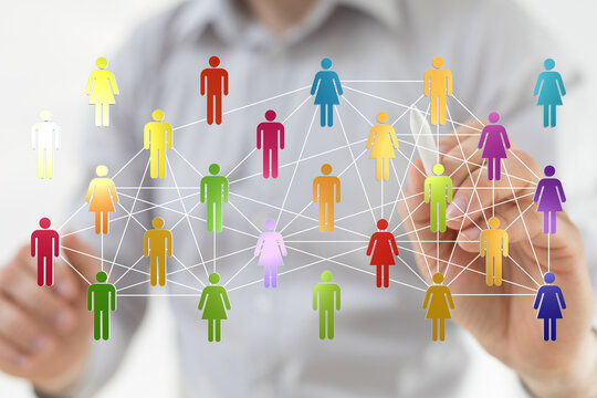 Concept image of a diverse network, representing teamwork, communication, and community collaboration. Connected people icons illustrate teamwor