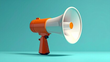 3D-rendered white megaphone with orange accents floating on solid turquoise background.