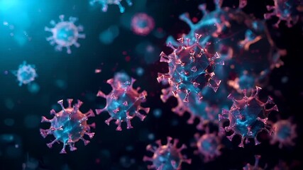 A closeup of a molecular structure, possibly a coronavirus, with intricate details and vibrant colors. The background is a deep blue, with hints of red and purple.