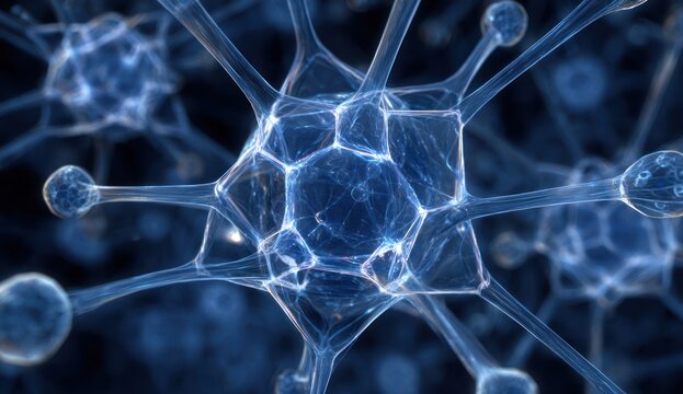 Abstract glowing blue microscopic structure with interconnected nodes and filaments - Powered by Adobe